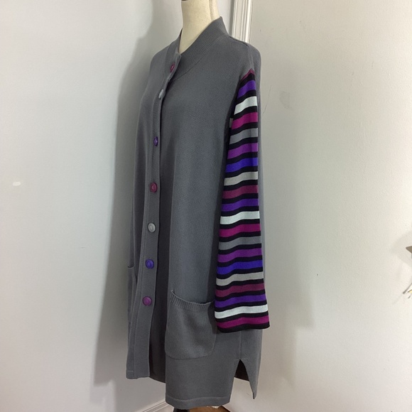 NWT BOB MACKIE WEARABLE ART PLUS 2X KNIT GRAY LONG CARDIGAN STRIPED SLEEVES - Picture 5 of 14